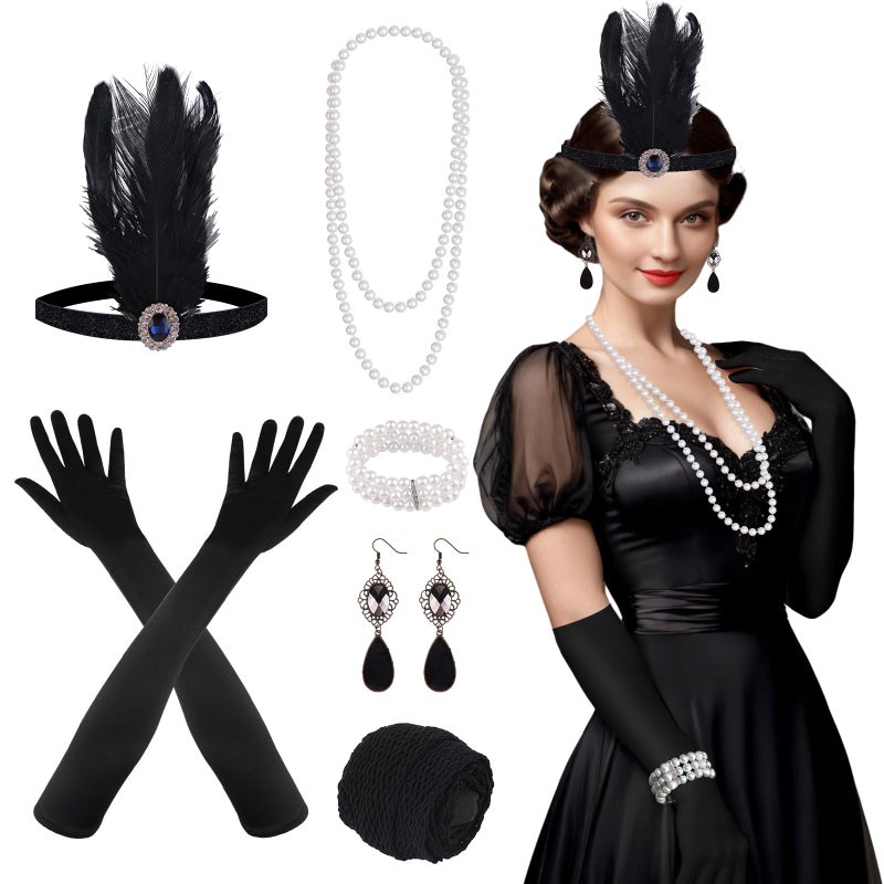 FEPITO 9-Piece 1920s Flapper Great Gatsby Accessories Set - Fashion Roaring 20's Theme with Headband, Headpiece, Long Black Gloves, Necklace, Earrings for Women - Image 1